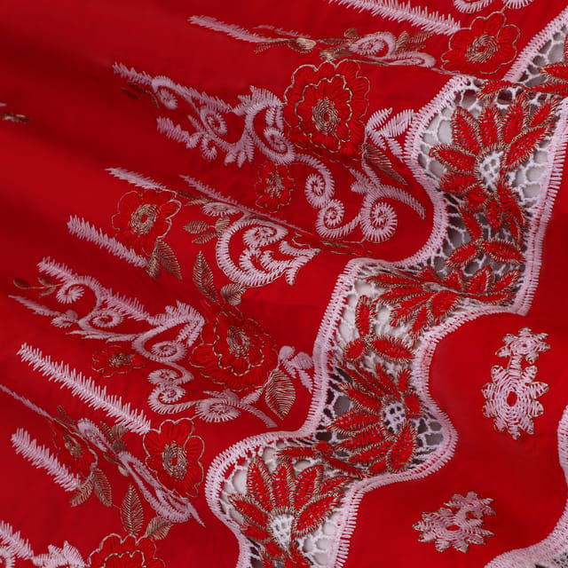 Blood Red Cotton Floral Threadwork Embroidery Fabric