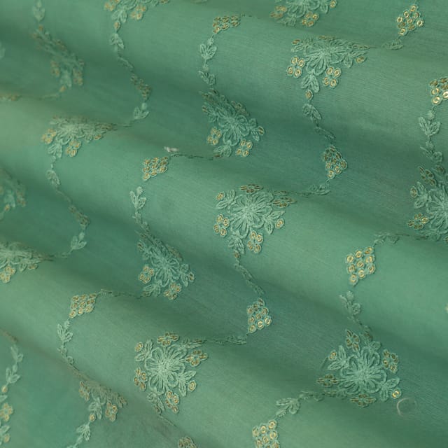 Fern Green Silk Chanderi Motif Sequin Embroidery Fabric