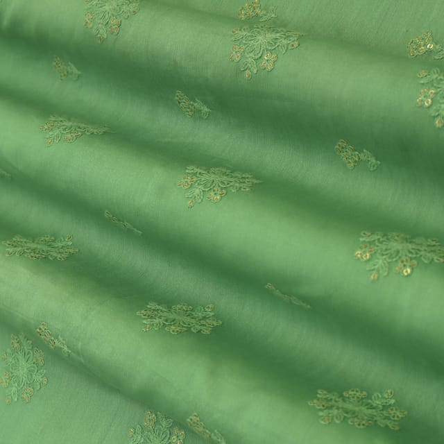 Kelly Green Silk Chanderi Motif Sequin Embroidery Fabric