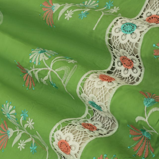 Sheen Green Cotton Floral Threadwork Embroidery Fabric