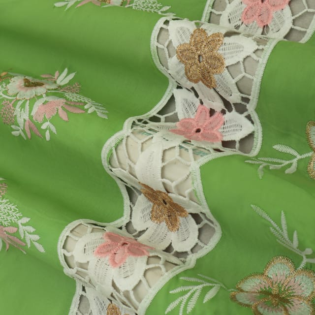 Green Cotton Floral Threadwork Embroidery Fabric