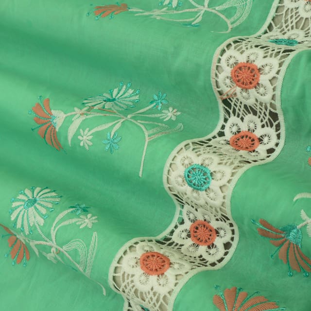 Cyan Green Cotton Floral Threadwork Embroidery Fabric