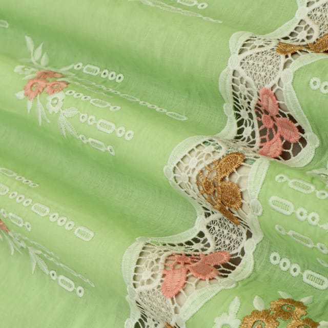 Powder Green Green Cotton Floral Threadwork Embroidery Fabric