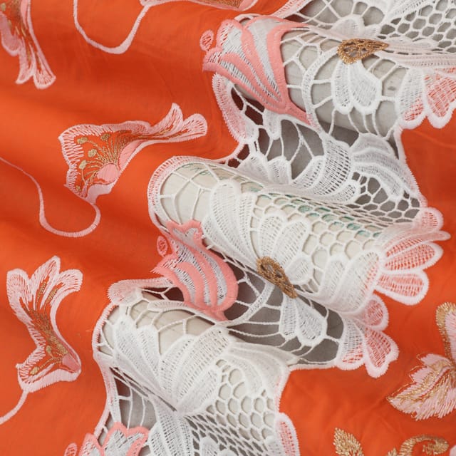 Orange Cotton Floral Threadwork Embroidery Fabric