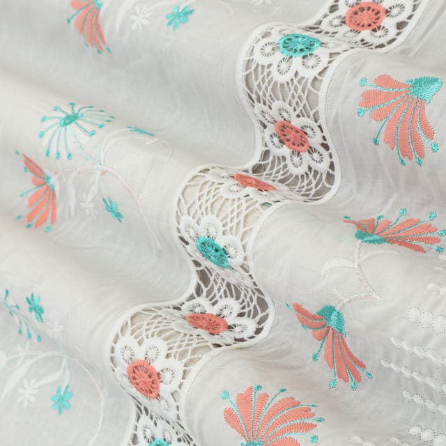 Powder White Cotton Floral Threadwork Embroidery Fabric