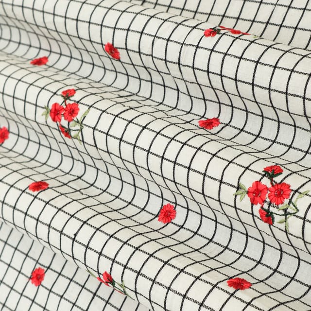 White Cotton Linen Check Print Floral Threadwork Embroidery Fabric
