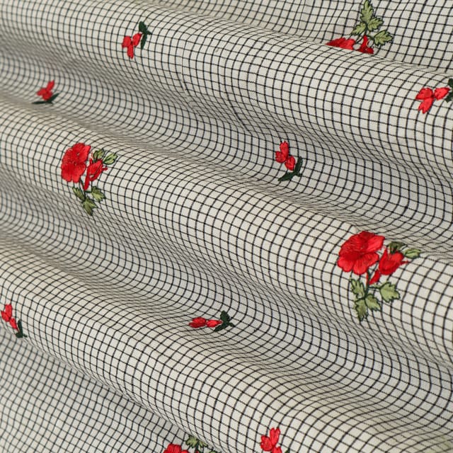 Bright White Cotton Linen Check Print Floral Threadwork Embroidery Fabric