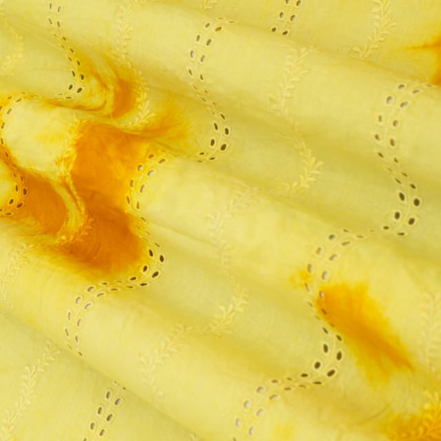 Light Yellow Cotton Shibori Print Floral Overlay Embroidery Fabric