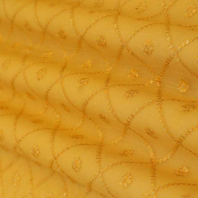 Yellow Cotton Chanderi Sequin Embroidery Fabric