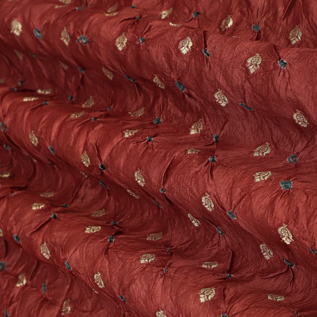 Candy Red Bandhani Motif Golden Zari Work Brocade Fabric