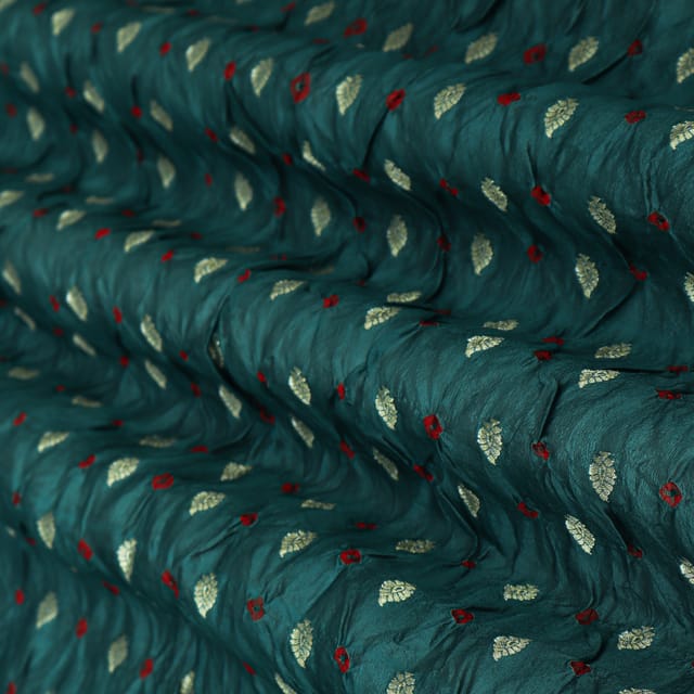 Forest Green Bandhani Motif Golden Zari Work Brocade Fabric