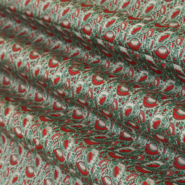Green & Red Brocade Silver Zari Motif Work Fabric