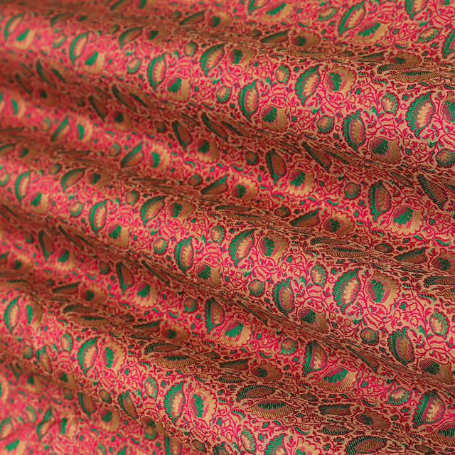 Hot Pink & Green Brocade Golden Zari Motif Work Brocade Fabric