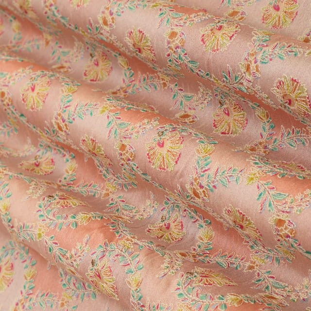 Light Carrot Pink Dupion Position Floral Print Embroidery Fabric