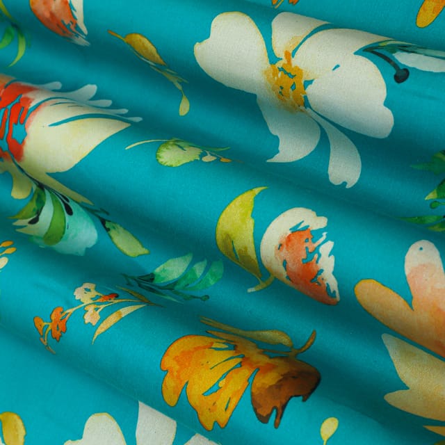 Sky Blue Glace Cotton Floral Print Fabric