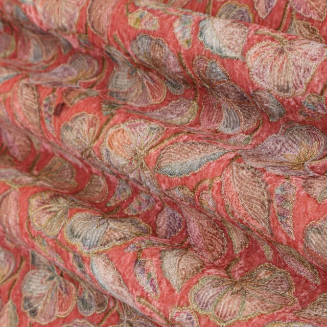 Pink Base Velvet Floral Golden Zari Work Embroidery Fabric