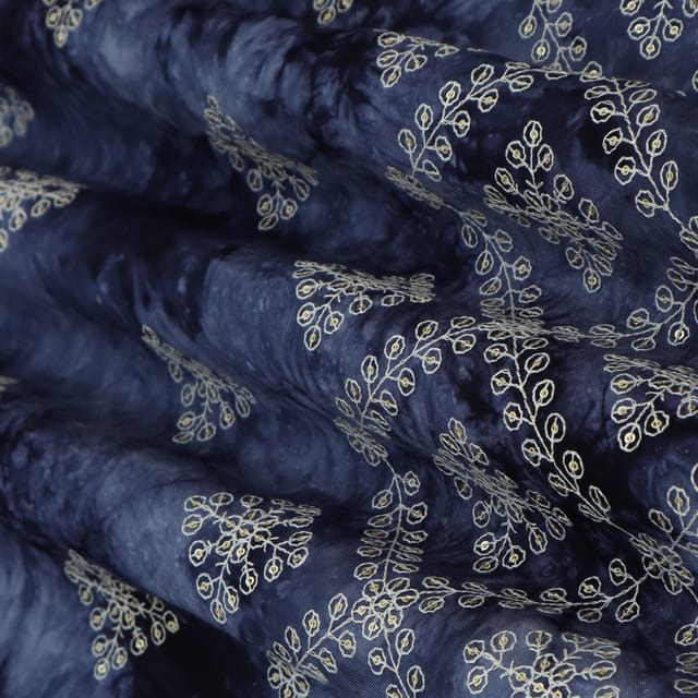 Navy Blue Cotton Silk Floral Threadwork Sequin Embroidery Fabric