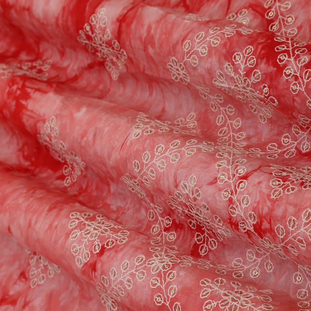 Rose Red Cotton Silk Floral Threadwork Sequin Embroidery Fabric