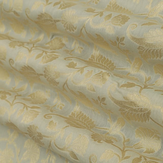 Ivory Munga Floral Dim Golden Zari Work Brocade Fabric