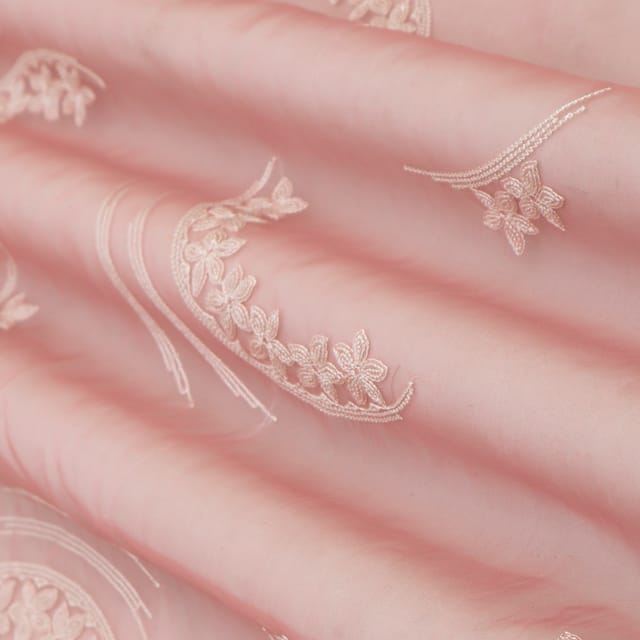 Pink Organza Threadwork Floral Embroidery Fabric