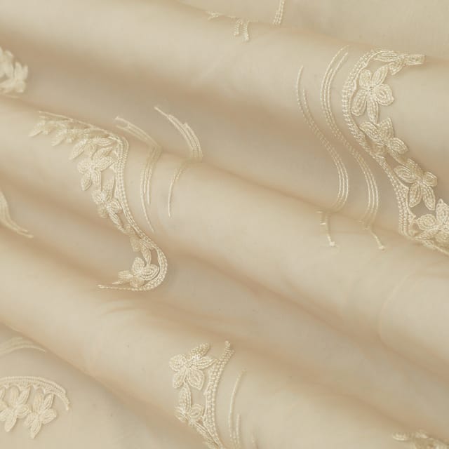 Faded Apricot Organza Threadwork Floral Embroidery Fabric