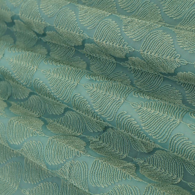 Jungle Green Georgette Leaf Pattern Threadwork Embroidery Fabric