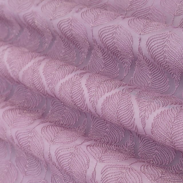 Lavendar Georgette Leaf Pattern Threadwork Embroidery Fabric