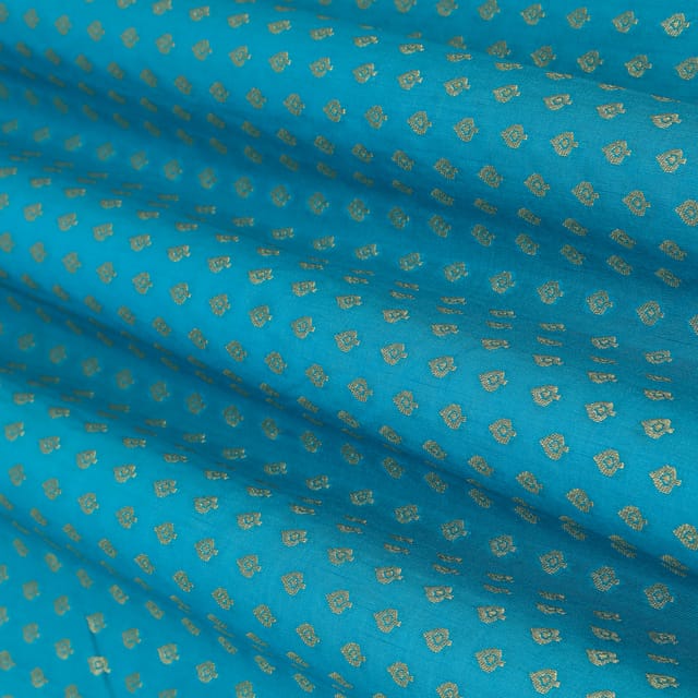 Blue Pauri Brocade Dim Golden Zari Booti Work Fabric