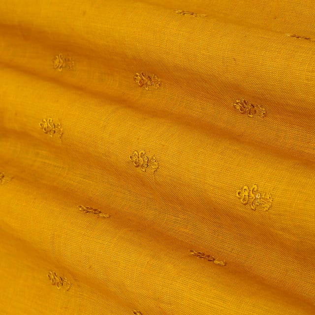 Mustard Yellow Cotton Linen Floral Thredawork Embroidery Fabric