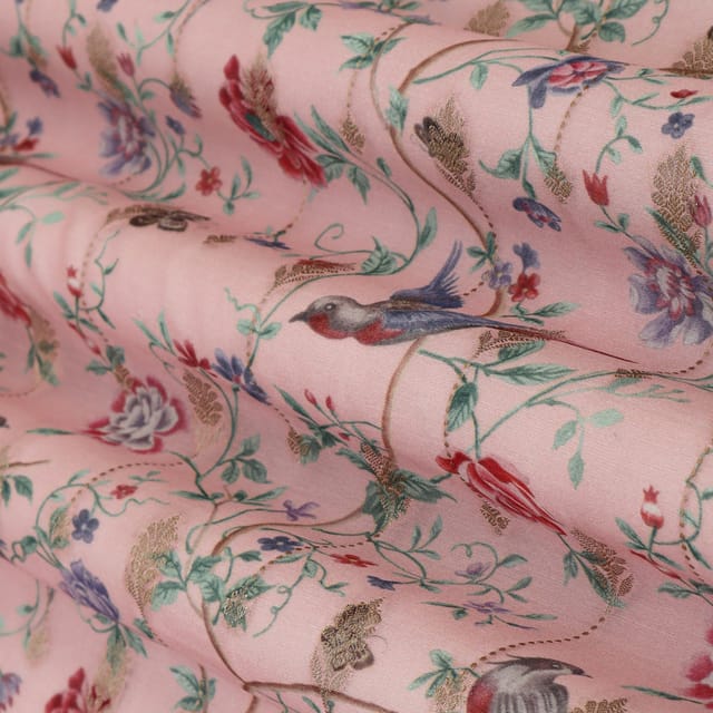 Baby Pink Chanderi Silk Floral Print Fabric