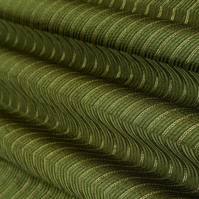 Dark Green Nokia Silk Zigzak Stripe Sequin Embroidery Fabric