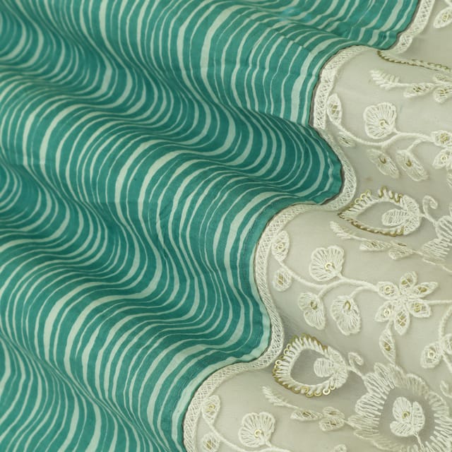 Aqua Blue Cotton Stripe Print Border Floral Embroidery Fabric