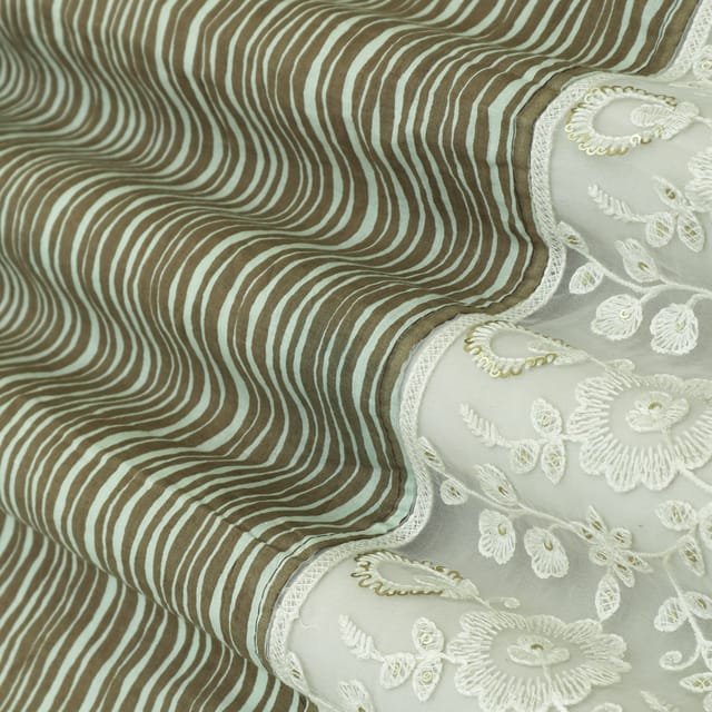 Crocodile Green Cotton Stripe Print Border Floral Embroidery Fabric