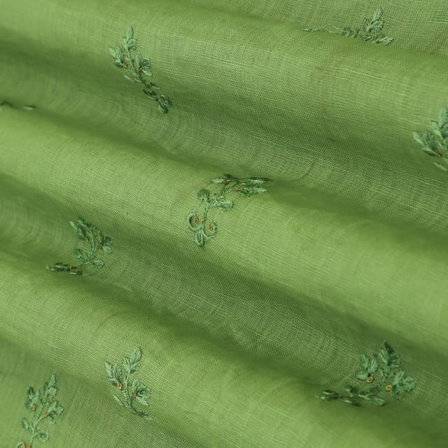 Olive Green Floral Embroidery Linen Fabric