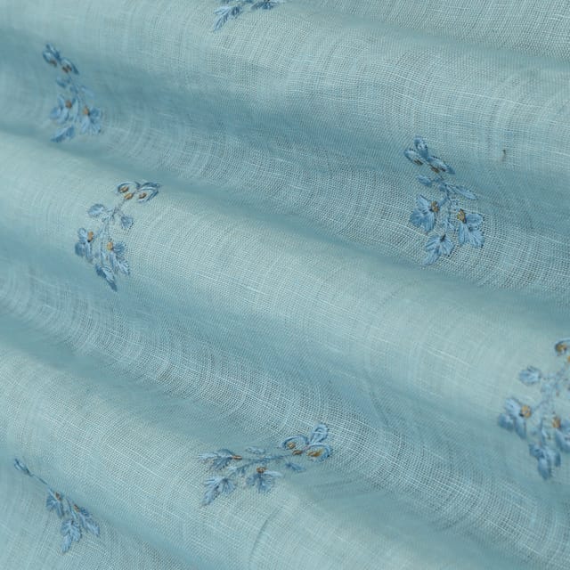 Sky Blue Floral Embroidery Linen Fabric