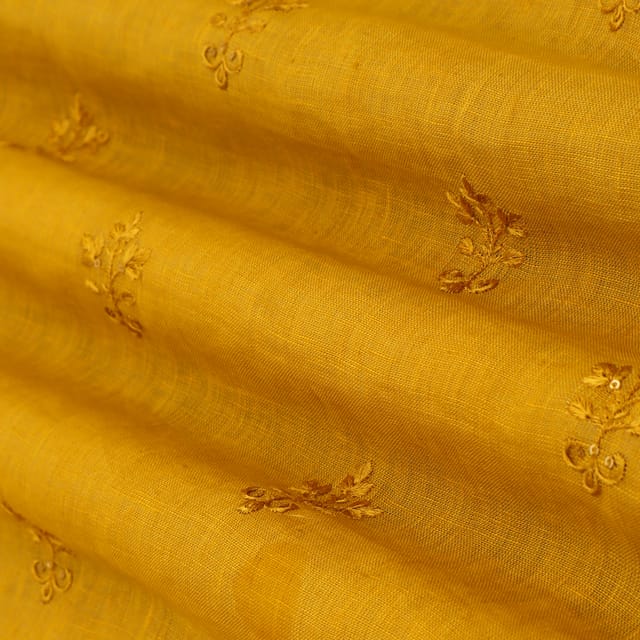 Mustard Yellow Floral Embroidery Linen Fabric