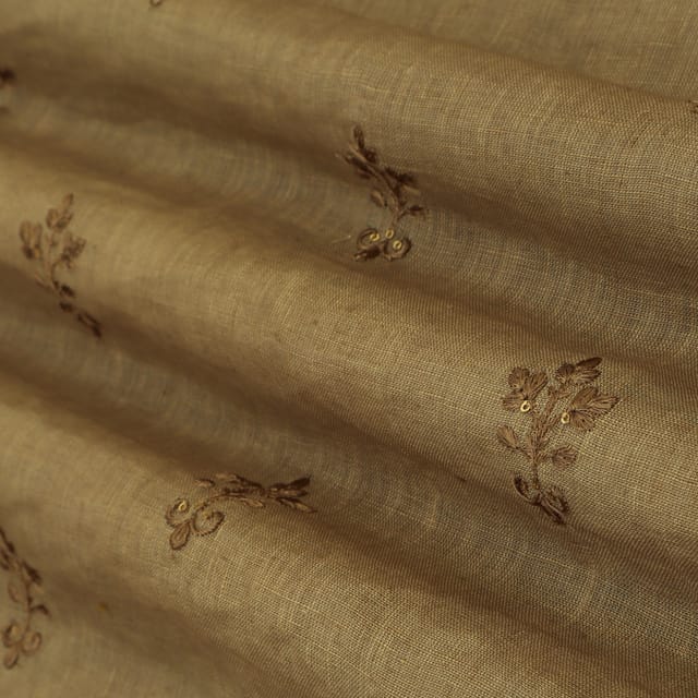Chocolate Brown Floral Embroidery Linen Fabric