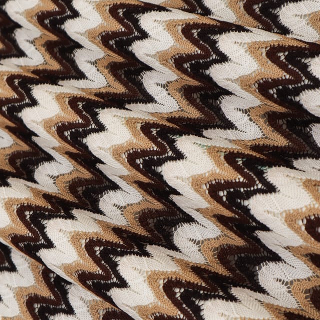 Chocolate Brown and White Zig Zag Print Crochet-Crosia Fabric