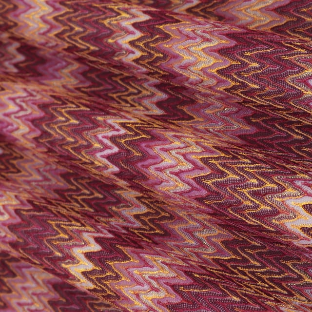 Plum Purple and Multicoloured Zig Zag Print Crochet-Crosia Shimmer Fabric