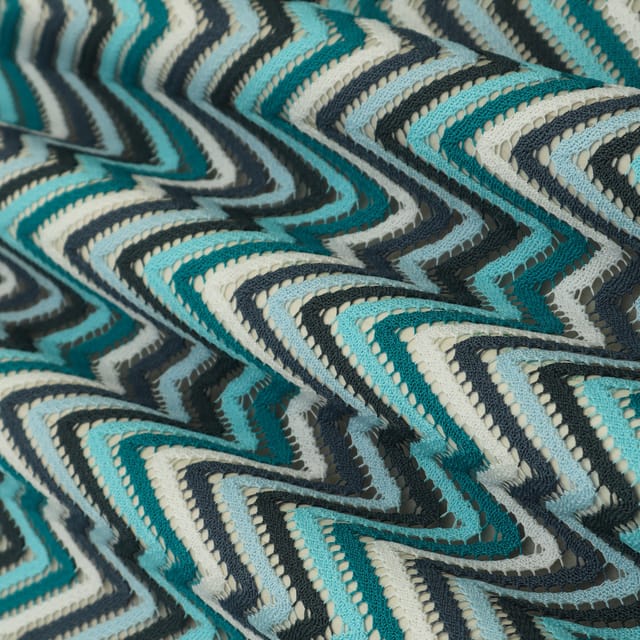 Blue Multitoned Zig Zag Print Crochet-Crosia Fabric