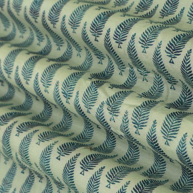 Off White and blue Motif Print Mulmul Silk Fabric