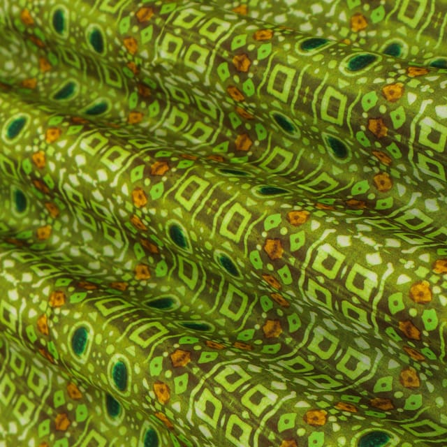 Olive Green Motif Print Mulmul Silk Fabric