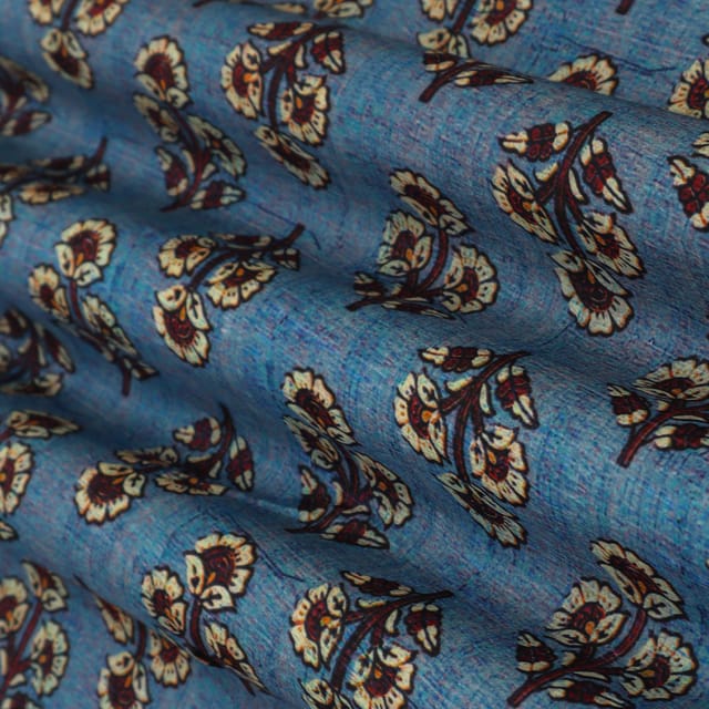 Sapphire Blue Motif Print Mulmul Silk Fabric