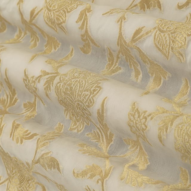 Bisque White Khaddi Golden Zari Floral work Georgette Fabric