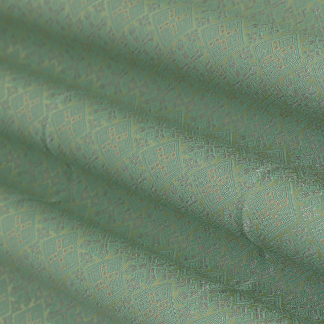 Powder Green Brocade Dim Golden Floral Zari Work Fabric