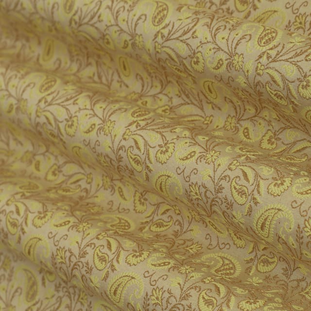 Dim Yellow Brocade Golden Floral Zari Work Fabric