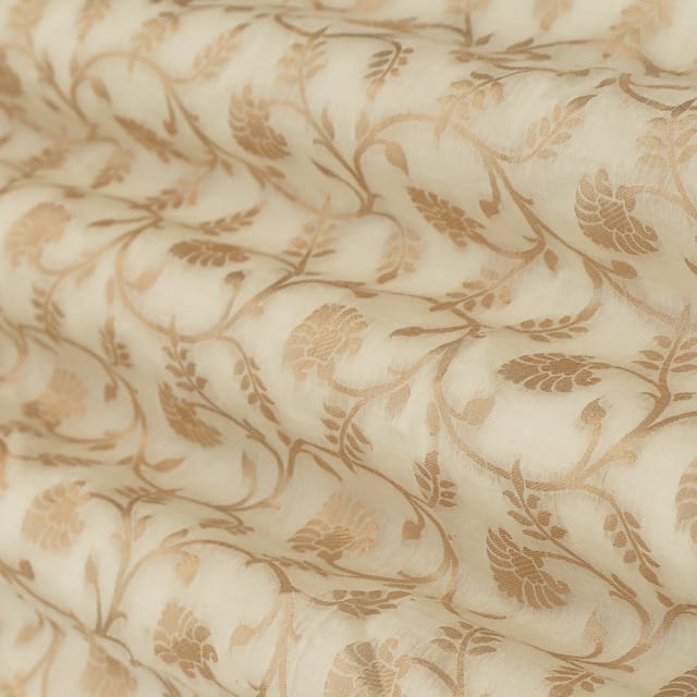 Off White Chanderi Brocade Dim Golden Floral Zari Work Fabric