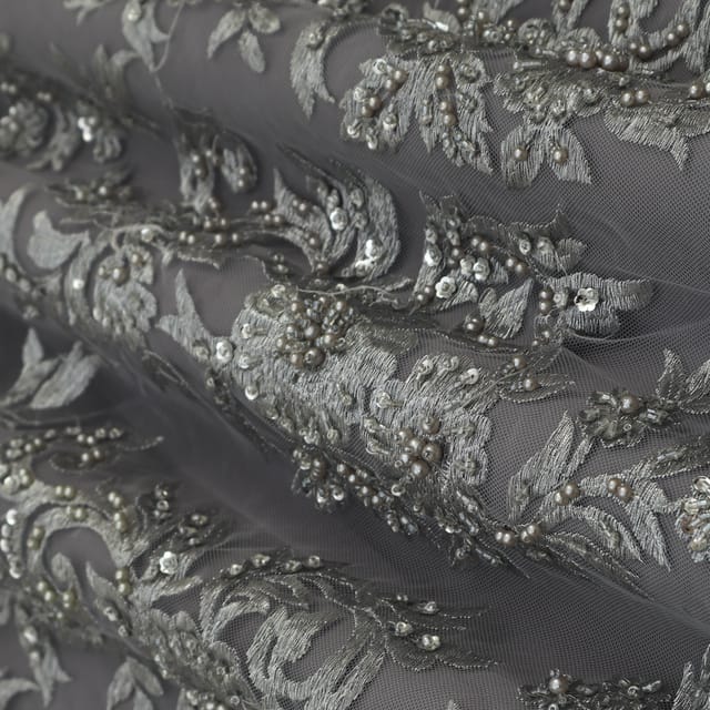 Gray Net Heavy Floral Sequin Embroidery Fabric