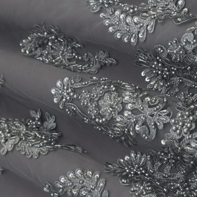 Steel Gray Net Heavy Floral Sequin Embroidery Fabric