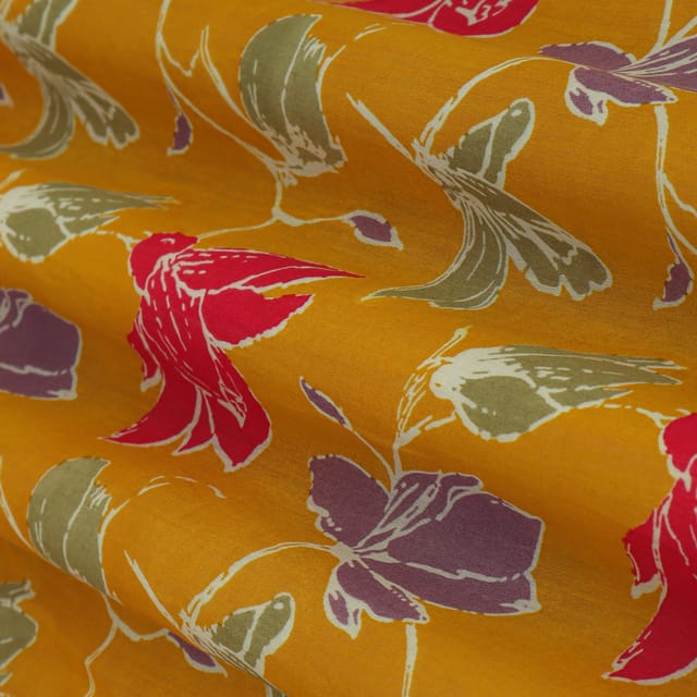 Dijon Yellow Chanderi Floral Print Fabric